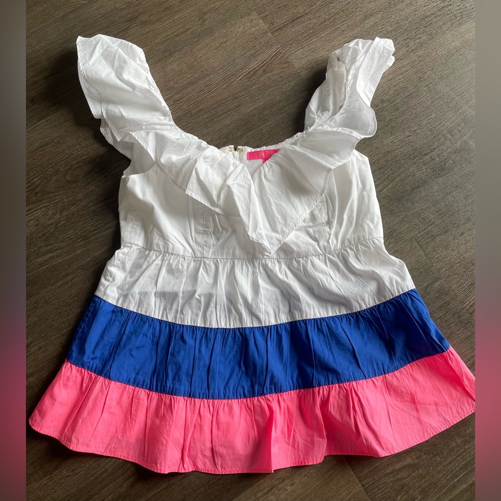 Lilly Pulitzer Emie Ruffle Top Resort Colorblock Womens 4 Babydoll Summer Cotton